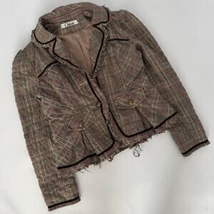 Chloé Plaid Blazer w/ Frayed Hem & Chunky Gold Buttons